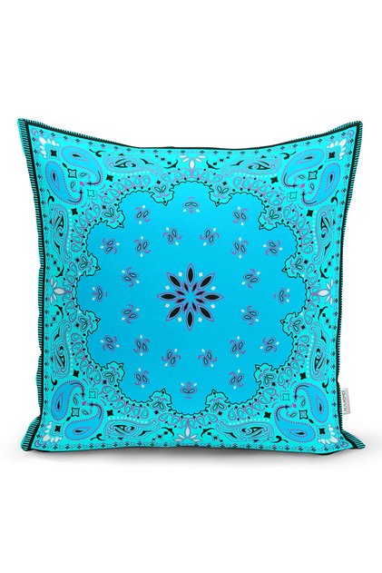 Ethnic Motifs with Cyan Background Digital Printed Modern Pillow Throw Pillow Cover