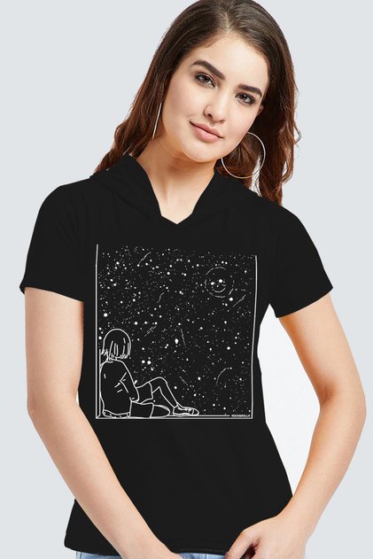 Women's Black Universal Smile Hooded Short Sleeve T-shirt