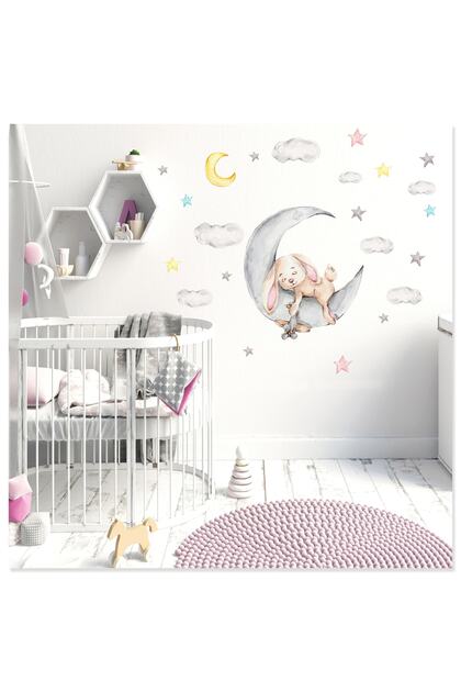 Iepure Dormit Pe Lună Nori și Stele Camera Copiilor Autocolant Decorativ de Perete Ornament de Perete