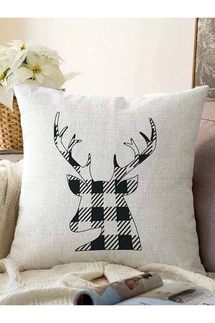 Black and White Plaid Motif Deer Drawing Decorative Raschel Knitted Pillow Throw Pillow Cover