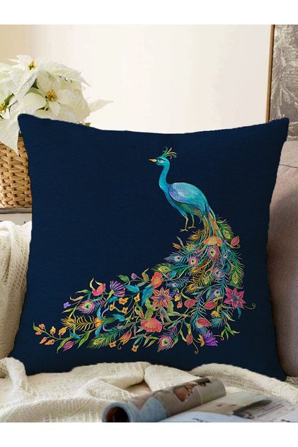 Navy Blue Floor Peacock Special Design Raschel Knitted Pillow Throw Pillow Cover