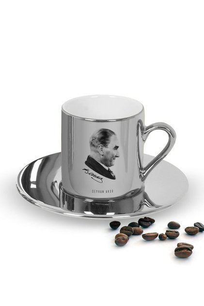 Kişiye Özel Atatürk Temalı Aynalı Gümüş Renk Seramik Türk Kahvesi Fincanı - Model 11