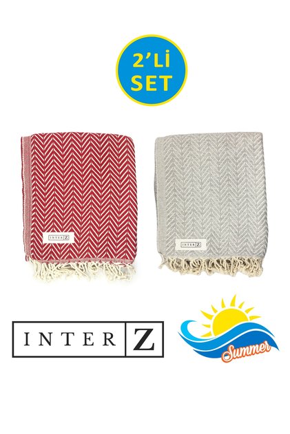 Set de 2 prosoape de plajă Peshtemal, 100% bumbac, Xxl 100x180cm, Marmaris, roșu-gri