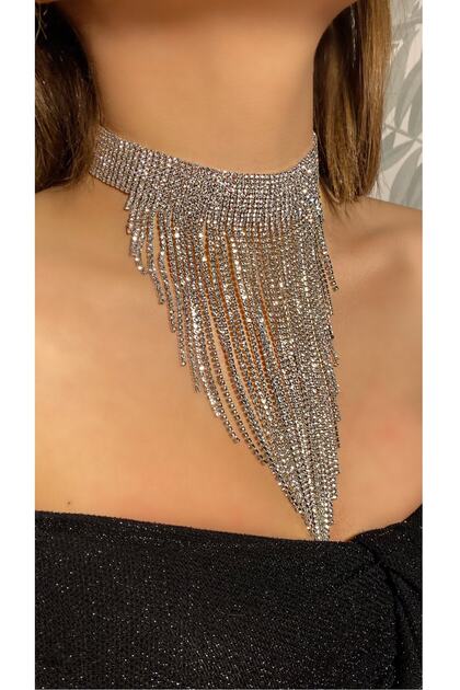Kristal Taşlı Saçaklı Choker Kolye Silver Renk