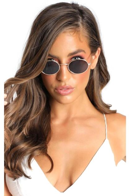 Oval Güneş Gözlüğü Gümüş Çerçeve Siyah Cam Unisex
