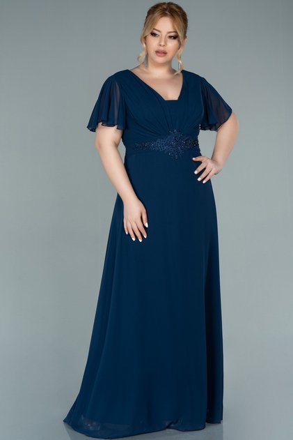 Navy Blue Chiffon Plus Size Evening Dress - Short Sleeve, Long, Abu2308