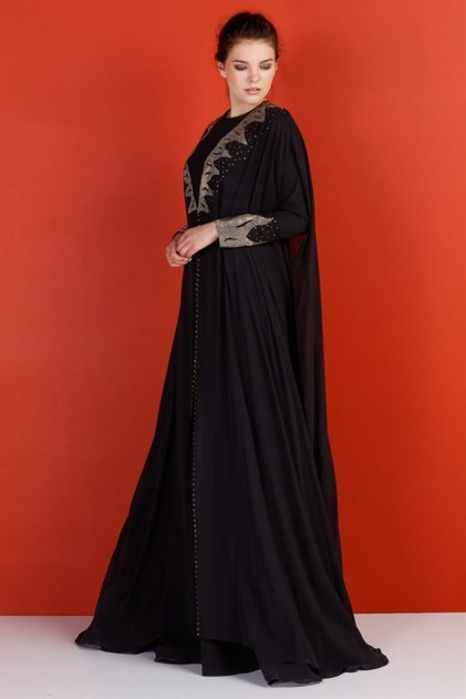 Black - Fire Patterned Evening Dress with Chiffon Vest