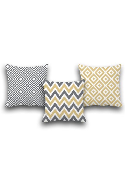Double Sided Set of 3 Yellow and Gray Combination Digital Printed Throw Pillow Cover