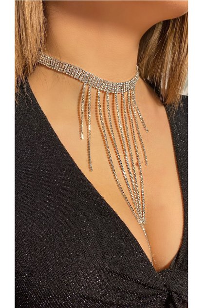 Silver Color Crystal Embellished Fringed Choker Necklace