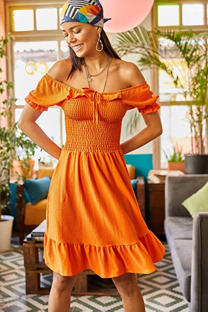Olalook Women's Orange Elastic Collar Tie-Down Flared Dress Dress- Trendyol
