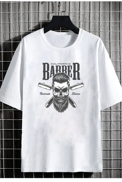 Tricou supradimensionat pentru bărbați Barber Front Print Alb