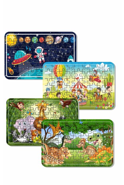Space, Cute Dinosaurs, Play Time, Cute Animals 54 Piece 4 Piece Wooden Puzzle Set