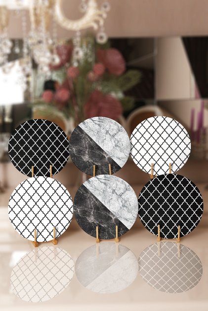 6-Piece Black and White Ogea Motif Marble Designed Round Placemat & Plate