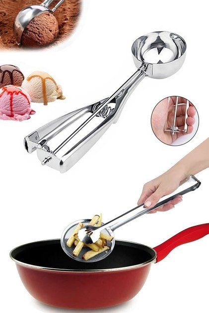 Set of 2 Ice Cream Cookie Serving Spoons and Frying Tongs with Strainer