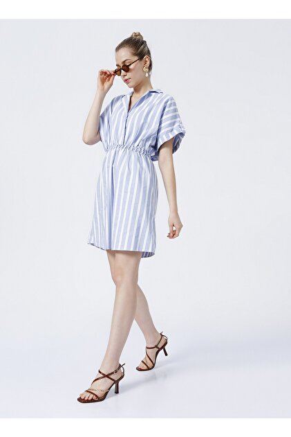 Fabrika Comfort Cm-ludo Gömlek Yaka Basic Çizgili Mavi - Beyaz Kadın Elbise - 3