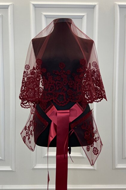 Burgundy Flower Pattern Flock Printing Lurex Bridal Veil Sash Gloves Set