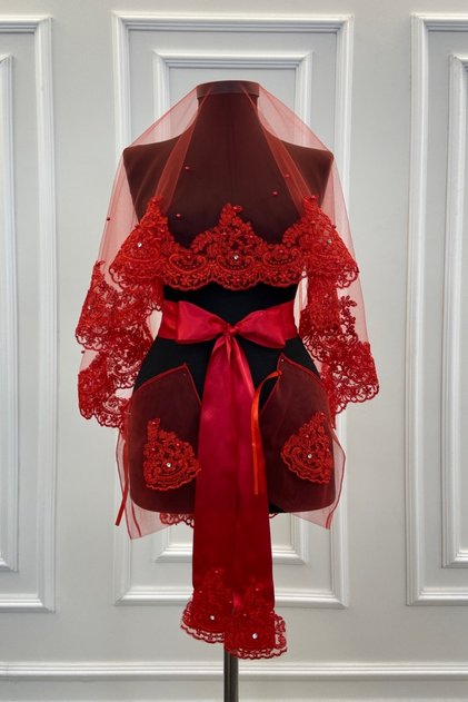 Red Lace, Shiny Stone and Pearl Decorated Bridal Veil Set