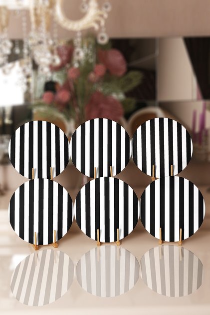 6-Piece Black and White Plain Striped Special Design Digital Printed Modern Round Placemat & Supla