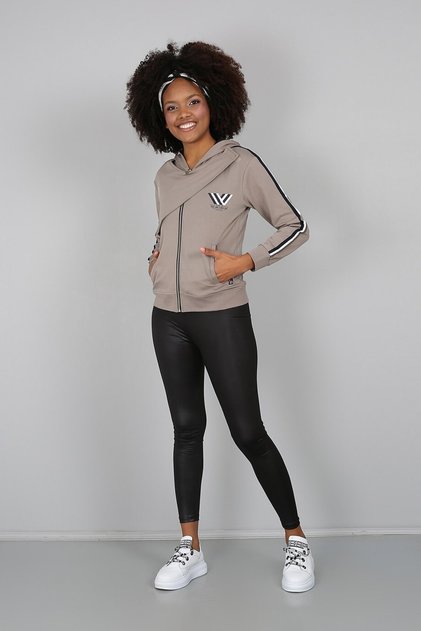 Mink Printed Chest Detailed Hooded Zippered Sweatshirt