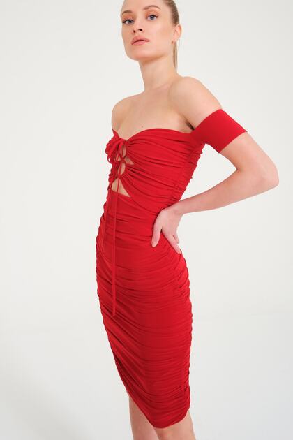 Whenever Company Red Front or Halter Draped Sleeve Midi Evening Dress-  Trendyol