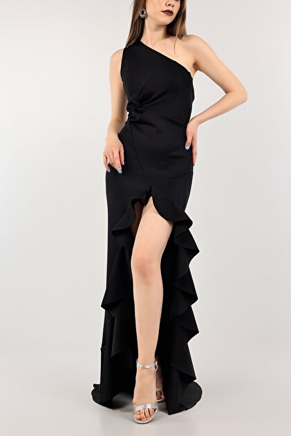 Secret Passion Lingerie Q Scuba Fabric Slit Flounce One-Shoulder Belly  Gathering Detail Evening Dress and Graduation Dress 688 582135- Trendyol