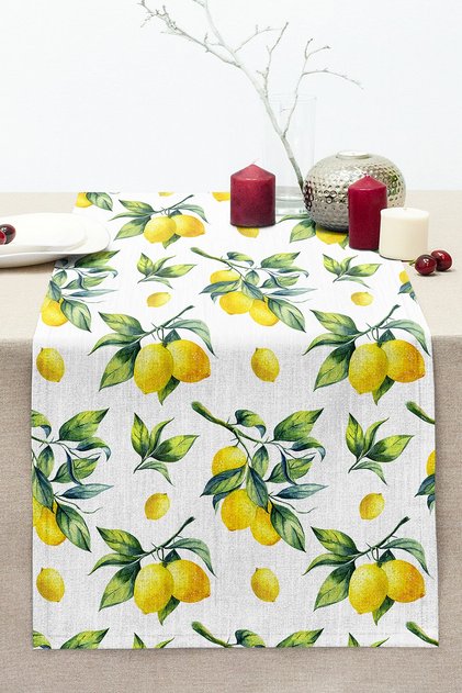 Lemon Patterned 3D Modern Stitched Raschel Knitted Runner on White Background