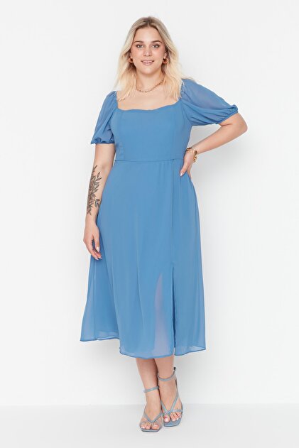Trendyol Plus Blue Chiffon Dress with Balloon Sleeves and Slits