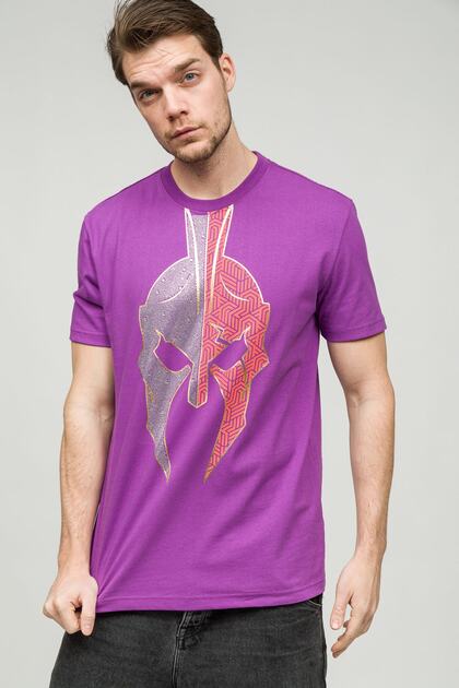 Sıfır Yaka Mor Varak Baskılı Taş İşlemeli Erkek T-Shirt
