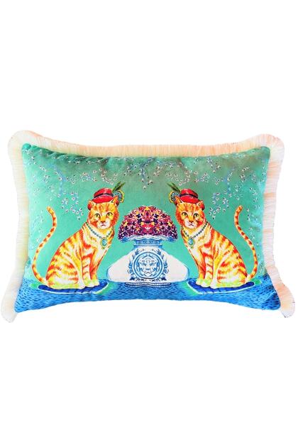 Decorative Cat Patterned Throw Pillow - Special Design Turquoise Velvet Pillowcase