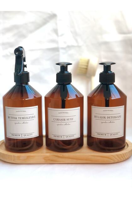 Set of 3 500ml Amber Glass Look Hard Plastic Dishwashing Detergent & Kitchen Cleaner & Bleach