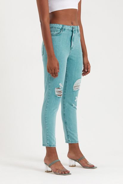 Meissa Yeşil Yüksek Bel Yırtık Detaylı Mom Jeans - 4