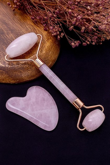 Pembe Kuvars Taşı Gua Sha Ve Roller Seti