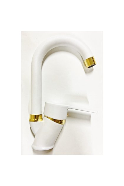 Beyaz Gold Banyo Lavabo Musluğu Bataryası Çeşmesi Baston Borulu Lüx Tasarım Çif Su Giriş
