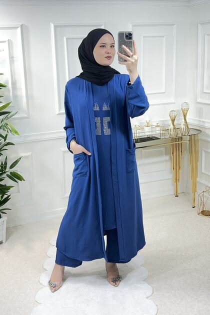 Women's Large Size Stone Detailed Triple Suit with Pockets - Petrol Blue