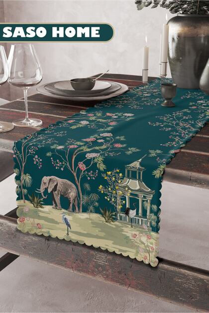 Model Turcoaz Elefanti Si Trandafiri Tesatura Catifea Calitativa 45x140 Cm Decorativa - Alerg Cadou