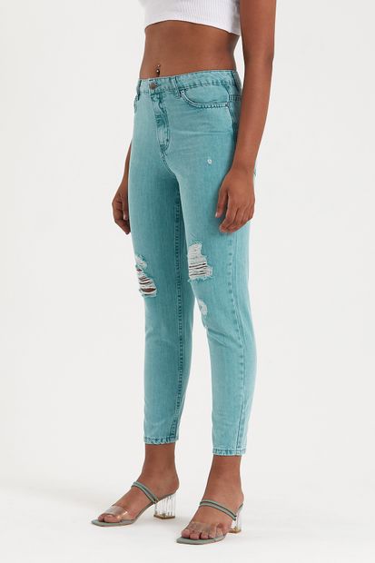 Meissa Yeşil Yüksek Bel Yırtık Detaylı Mom Jeans - 5