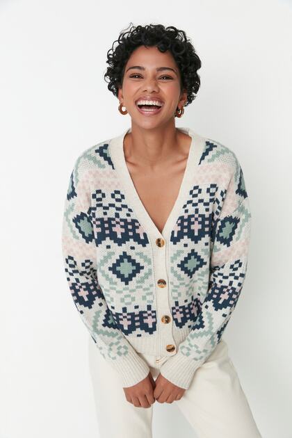 Steinfarbene, gemusterte Strickjacke aus Strick TWOAW22HI0329