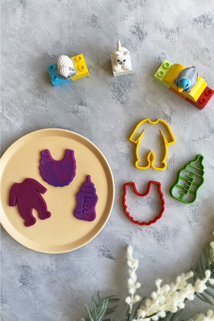Yellow Overalls, Green Baby Bottle, Red Bib 3-Piece Baby Dough Shaper / Cookie Mold