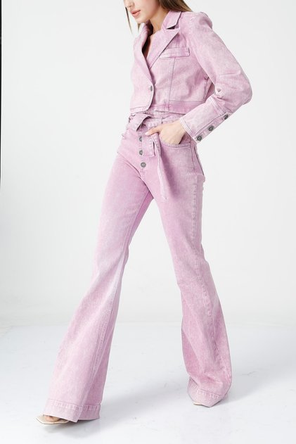 Yüksek Bel İspanyol Paça Pembe Denim Pantolon
