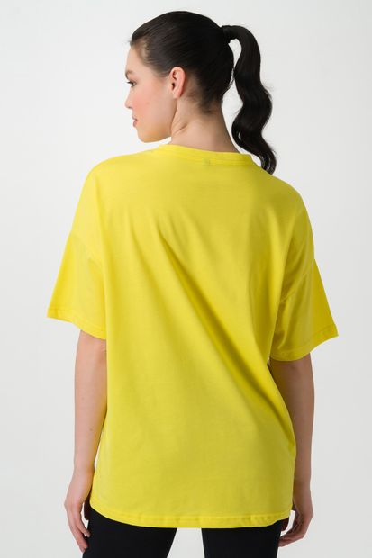 Runever Sarı Oversize Nakış Detaylı Kadın T-shirt Biker Tayt Takım 22093 - 4