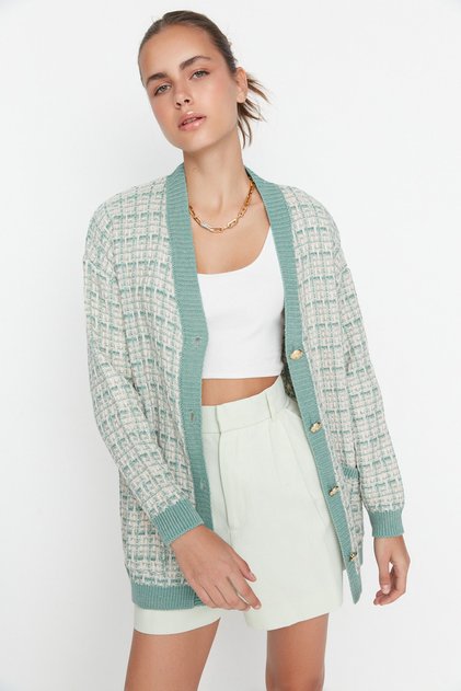 Mintfarbene, weite Strickjacke in Tweed-Optik mit Glitzer TWOAW21HI0250