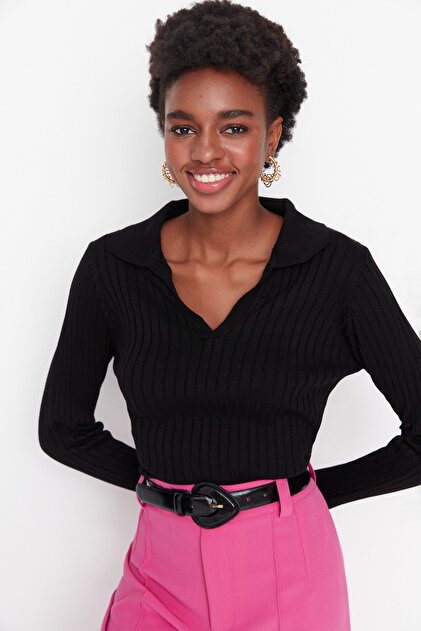 Black Couple's Polo Collar Knit Sweater with Sleeve End Detail Twoaw21Kz1113