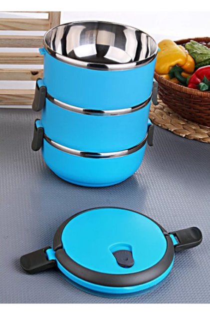 3-Layer Leak-Proof Food Thermos Lunchbox Storage Container Blue 2.25 Liter Blue