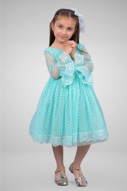 Pumpido Kız Çocuk Su Yeşili Prenses Elbise - 1