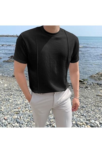 Siyah Erkek Yuvarlak Yaka 2 Çizgili Örme Triko T-shirt