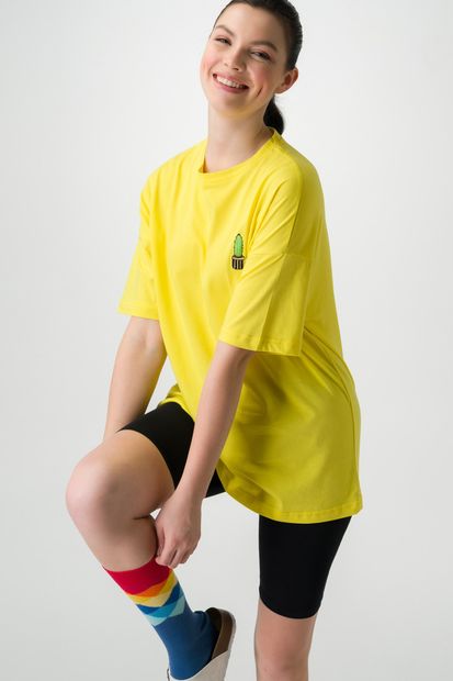 Runever Sarı Oversize Nakış Detaylı Kadın T-shirt Biker Tayt Takım 22093 - 2