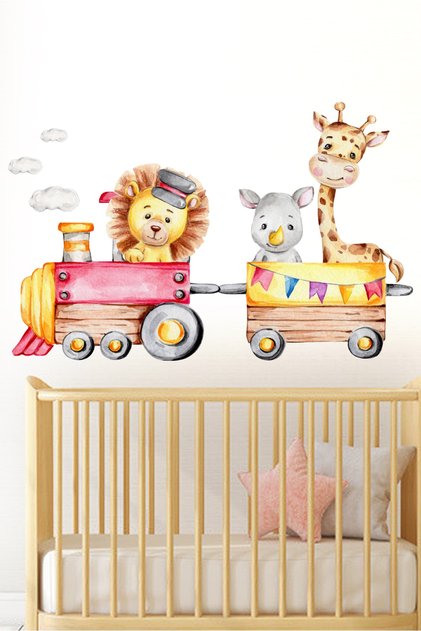 Watercolor Train And Cute Animals Lion Giraffe Gergadan Children's Room Wall Sticker Wall Decoration