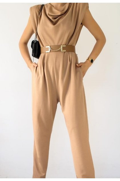 Women's Belted Degaje Collar Long Jumpsuit Camel