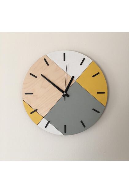 Ahşap Geometrik Desenli Sarı Duvar Saati 32x32 Cm