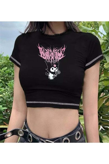 Gothic Harajuku Fashion Anime Kuromi Sanrio Half Women's T-shirt